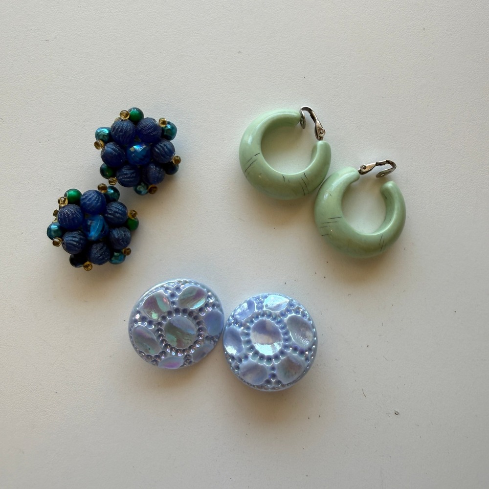 Vintage Clip On Earring Lot Germany Blue Beaded Cluster Green Hoop Lavender